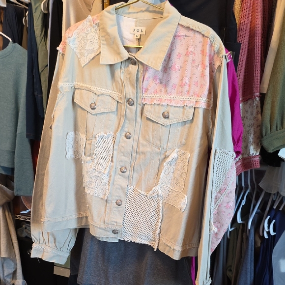 POL Jackets & Blazers - POL Women's Lace Patchwork Jean Jacket - Beige and Pink